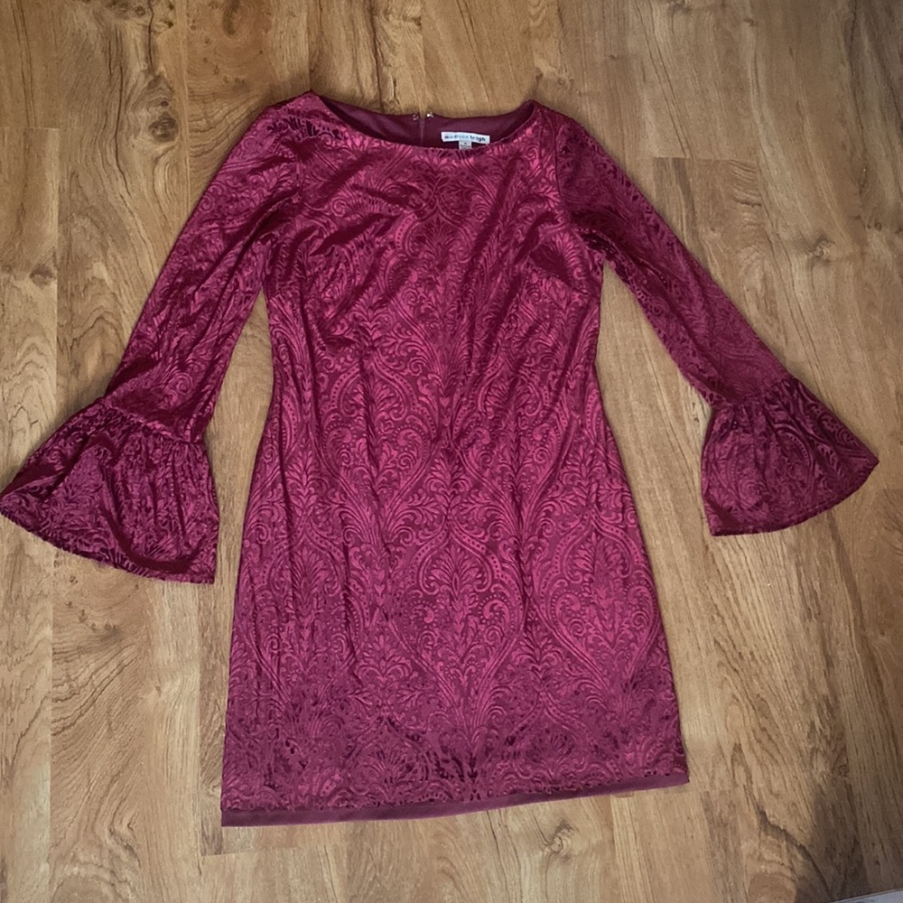 Velvet Bell Sleeve Wine/Deep burgundy short/knee length Dress Holiday Size 10